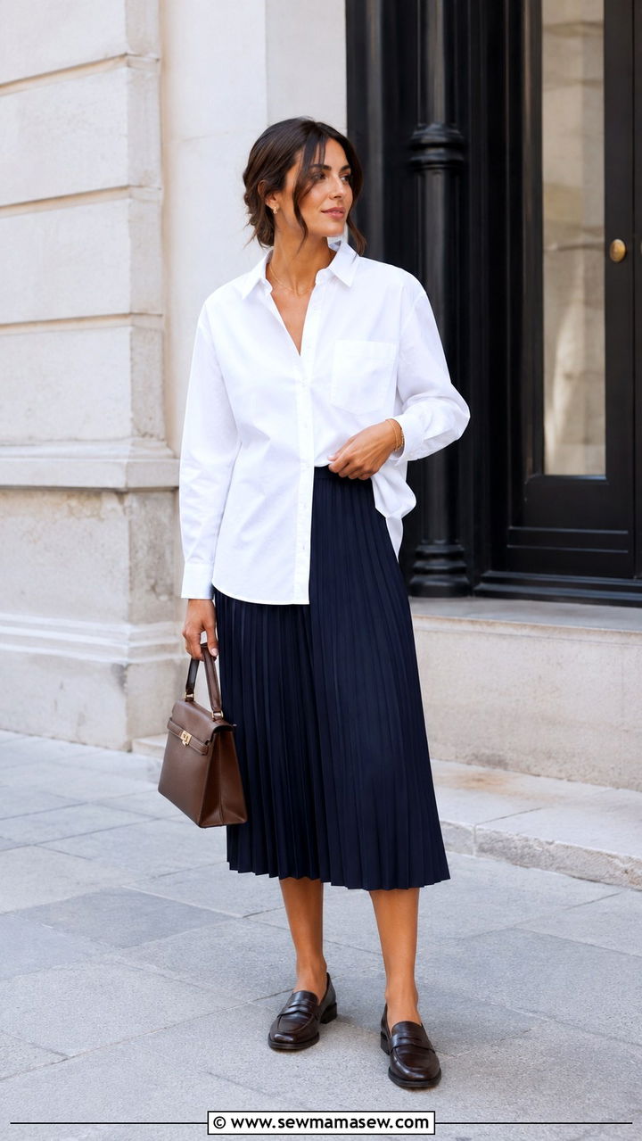White Button Down with Navy Pleated Skirt and Penny Loafers - 30 casual white button down shirt outfits