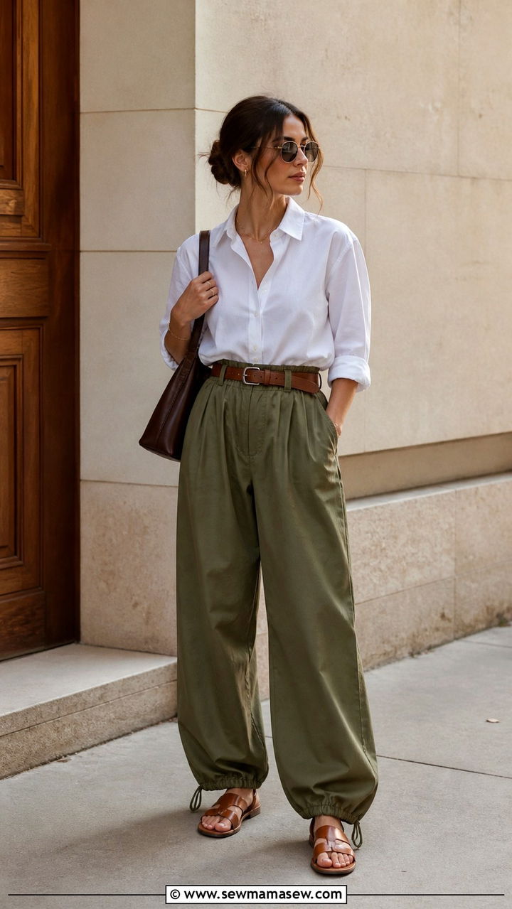 White Button Down with Olive Parachute Trousers - 40 clean girl outfits
