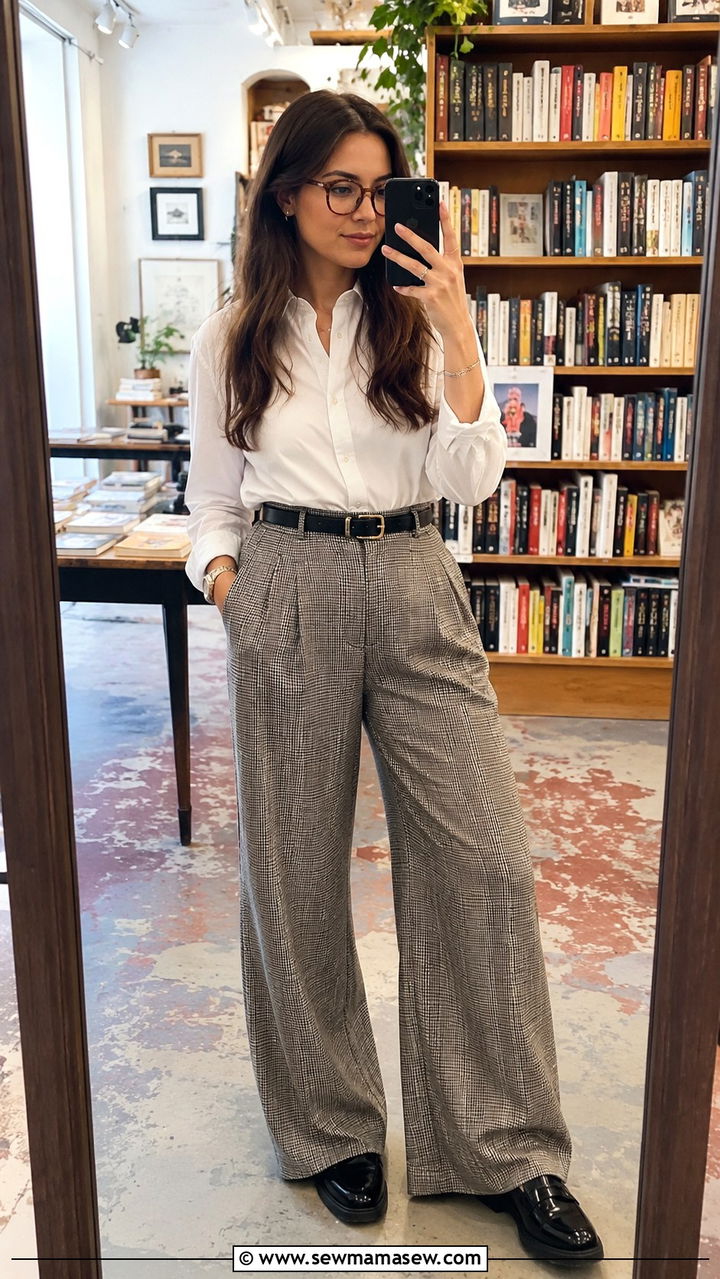 White Button Down with Plaid Wide Leg Trousers - 25 Wide leg trousers outfit ideas with a button down