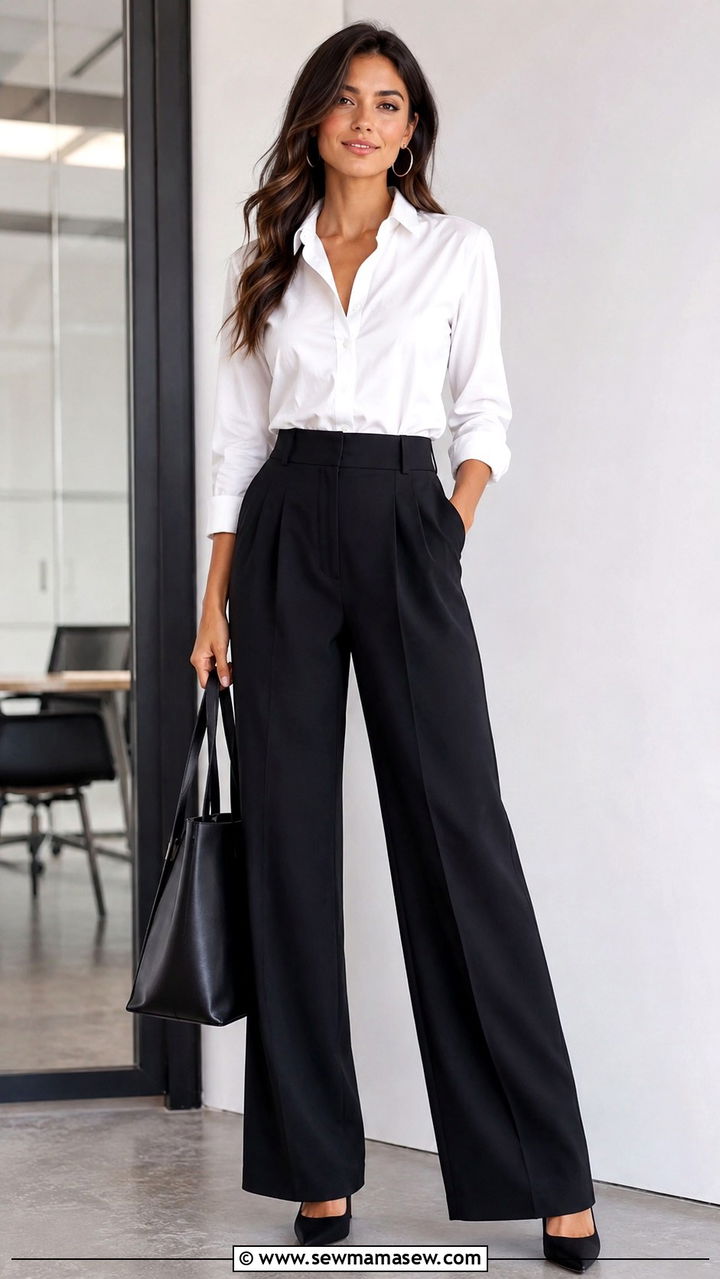 White Button Down with Wide Leg Black Pants - 25 Wide leg black pants outfit ideas with a button down
