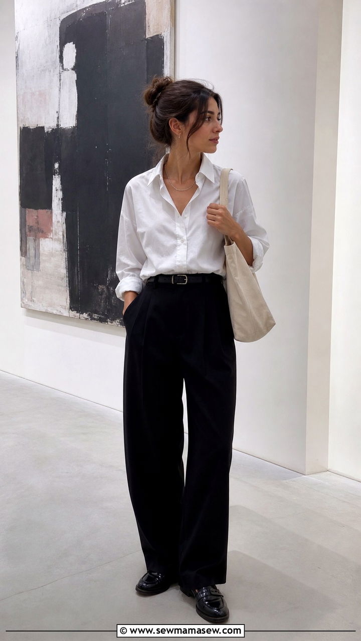 White Button Down with Wide Leg Pants Outfit - 20 Art show outfit ideas