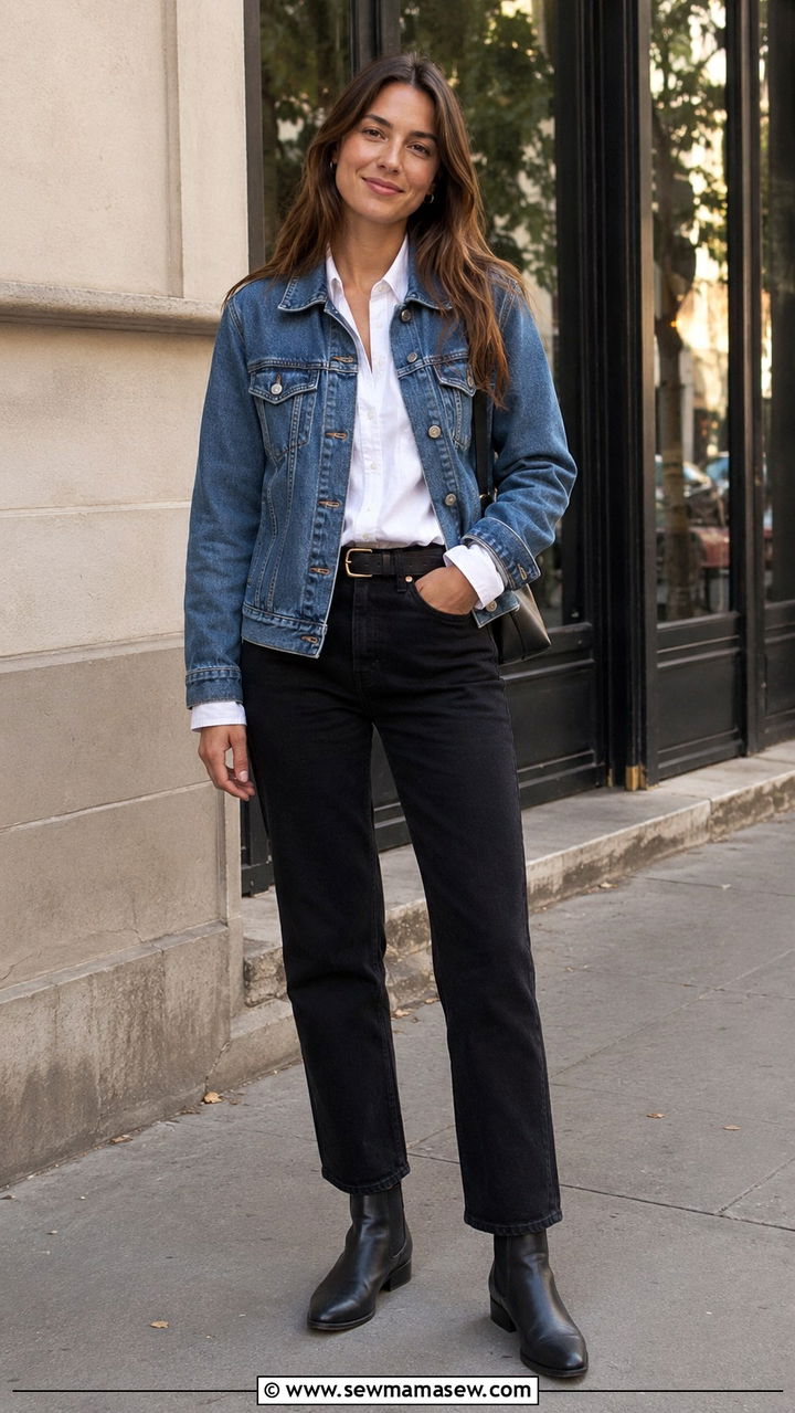 White Button Down with a Denim Jacket and Black Jeans - 30 casual white button down shirt outfits