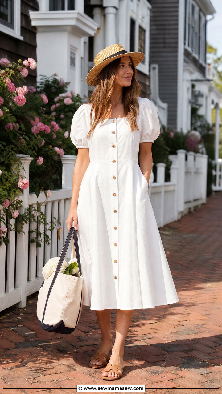 White Button Front Dress with Straw Boater Hat and Market Tote - 30 summer white dress outfit ideas