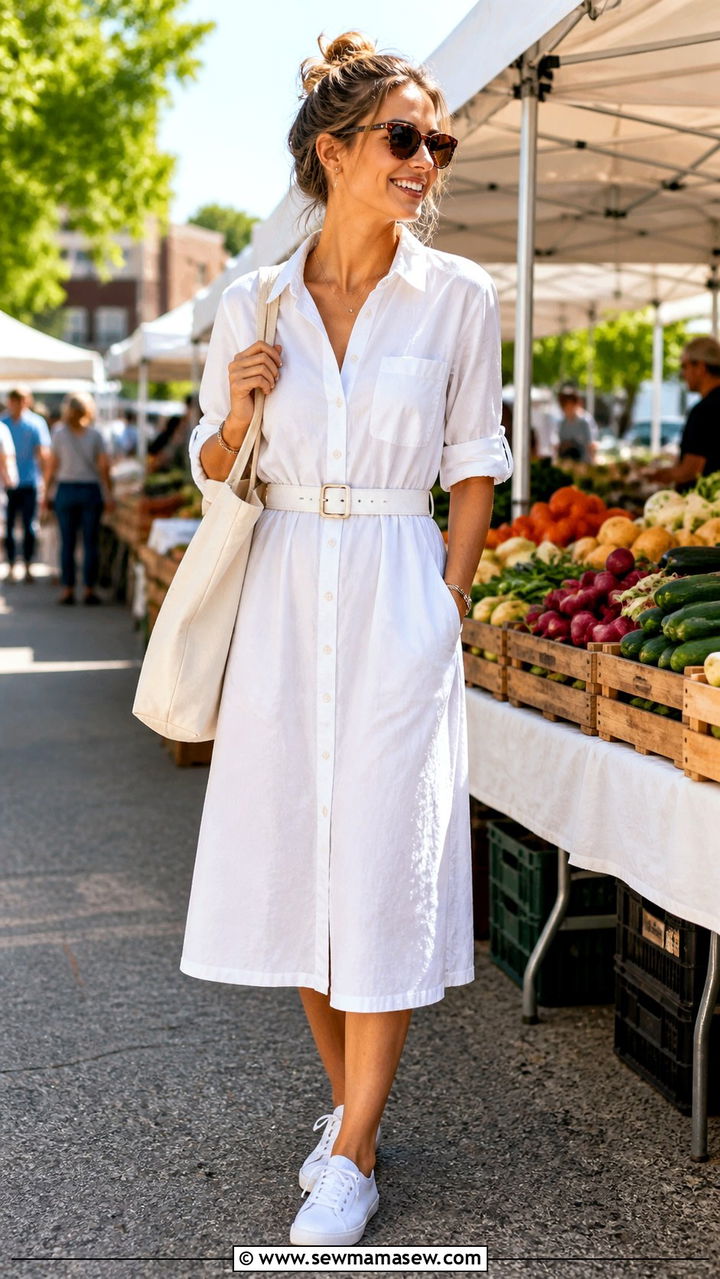 White Button Front Midi Dress With Sneakers - 40 All white outfit ideas