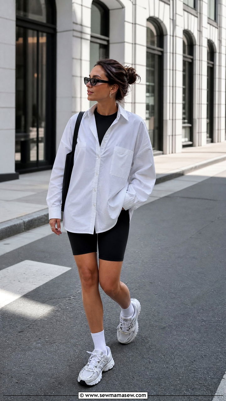 White Button Up Shirt With Biker Shorts Outfit - 25 Cute outfits for 16 year olds