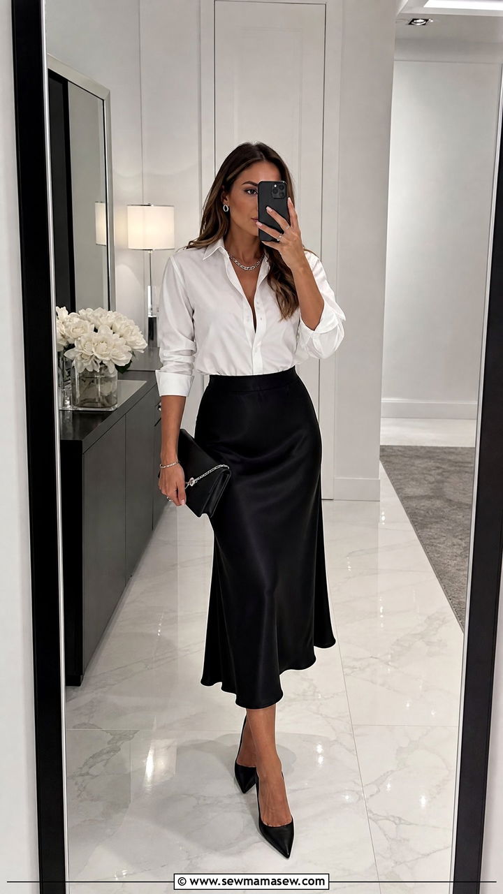 White Button Up Shirt With Black Satin Midi Skirt - 25 classy classy outfits