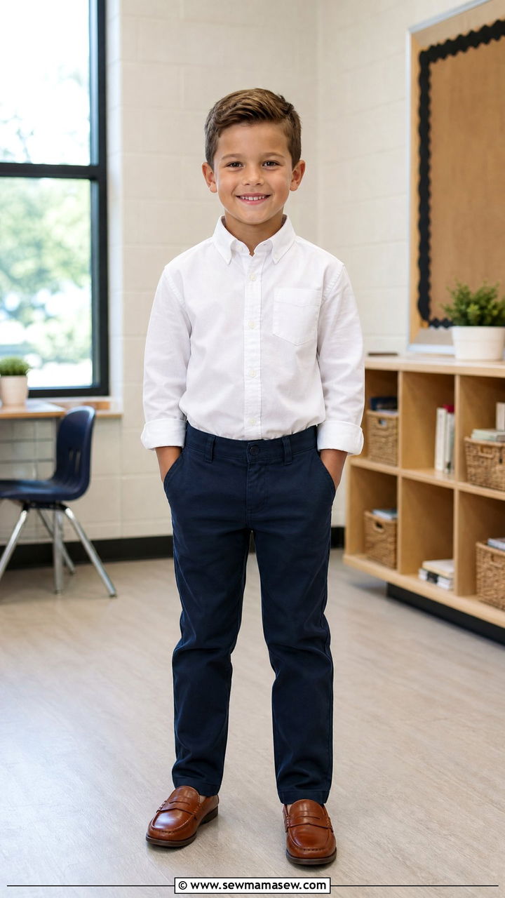 White Button Up Shirt With Navy Chinos - 25 Kid outfit ideas for school picture day