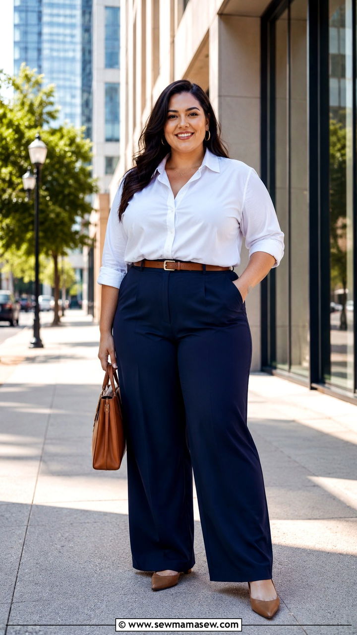 White Button Up Shirt With Navy Wide Leg Trousers - 30 Plus size outfit ideas for family photos