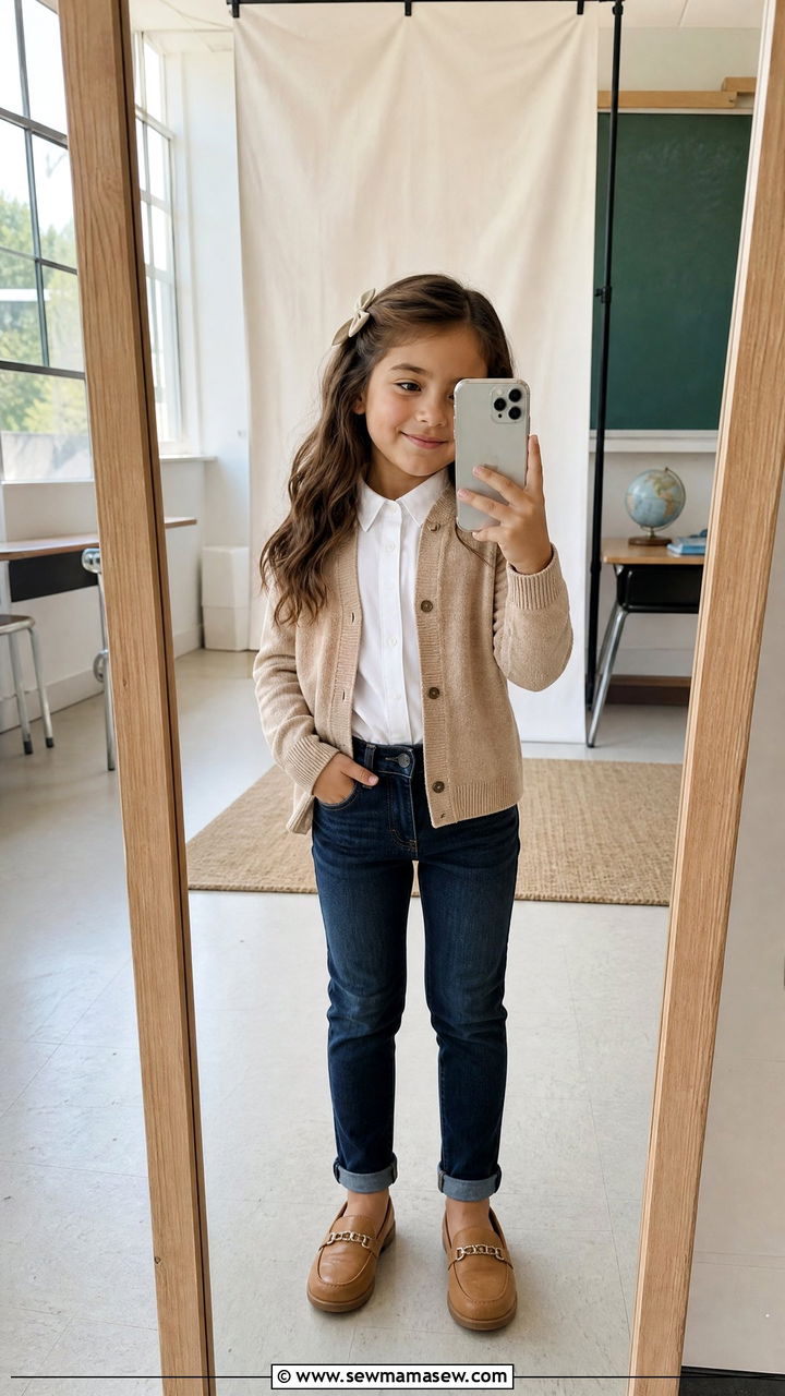 White Button Up Shirt With Neutral Cardigan - 30 Elementary school picture day outfit ideas