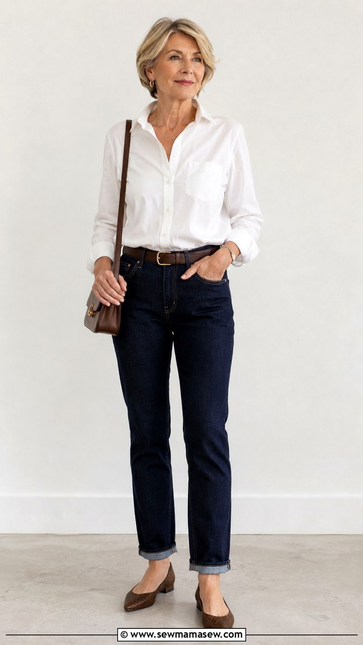 White Button Up Shirt With Straight Leg Jeans - 30 Minimalist outfits for women over 50