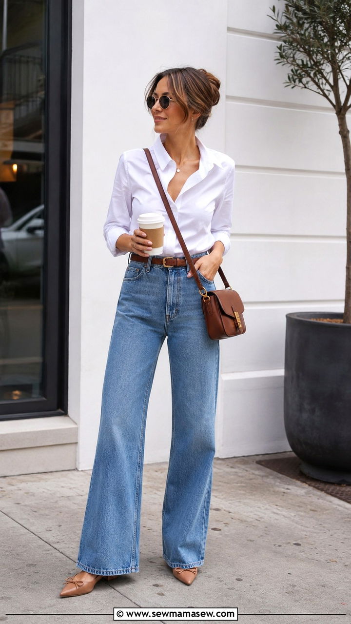 White Button Up Shirt With Wide Leg Jeans - 25 wide leg jeans outfits aesthetic