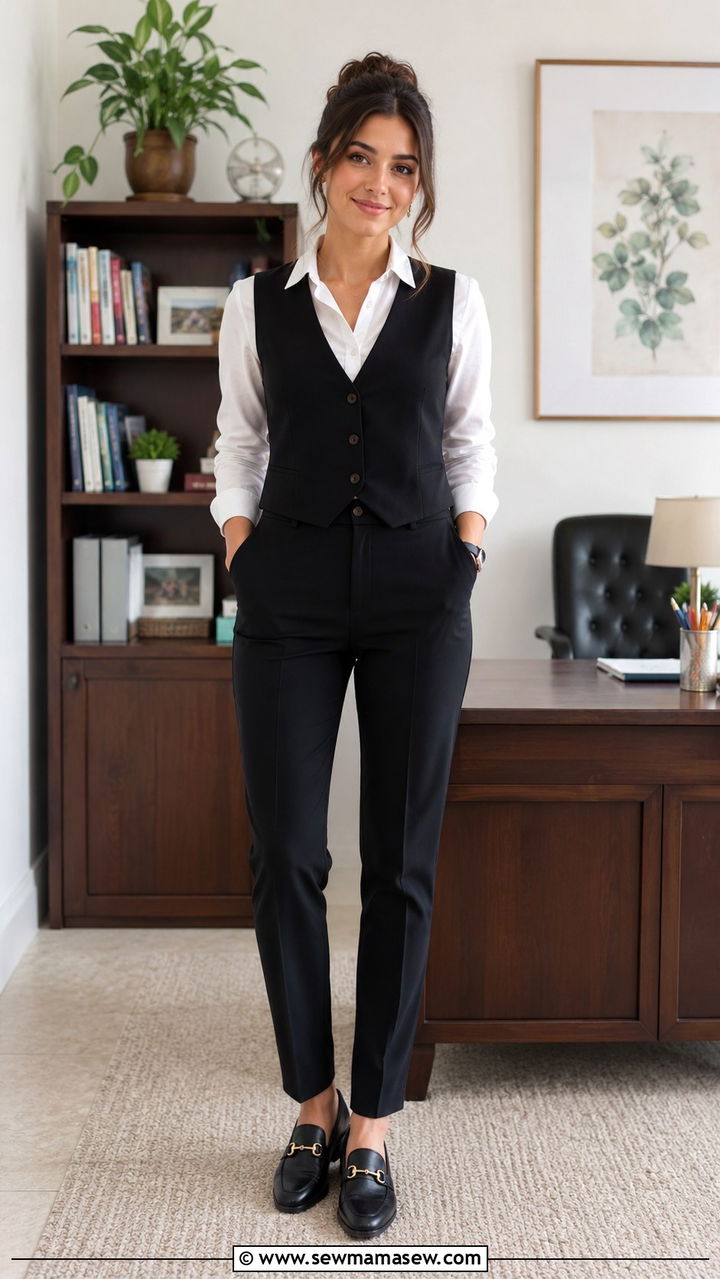 White Button Up Shirt and Black Vest with Trousers - 30 cute teacher outfits