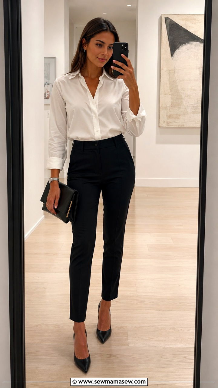 White Button Up With Black Tailored Pants - 20 elegant outfits to copy