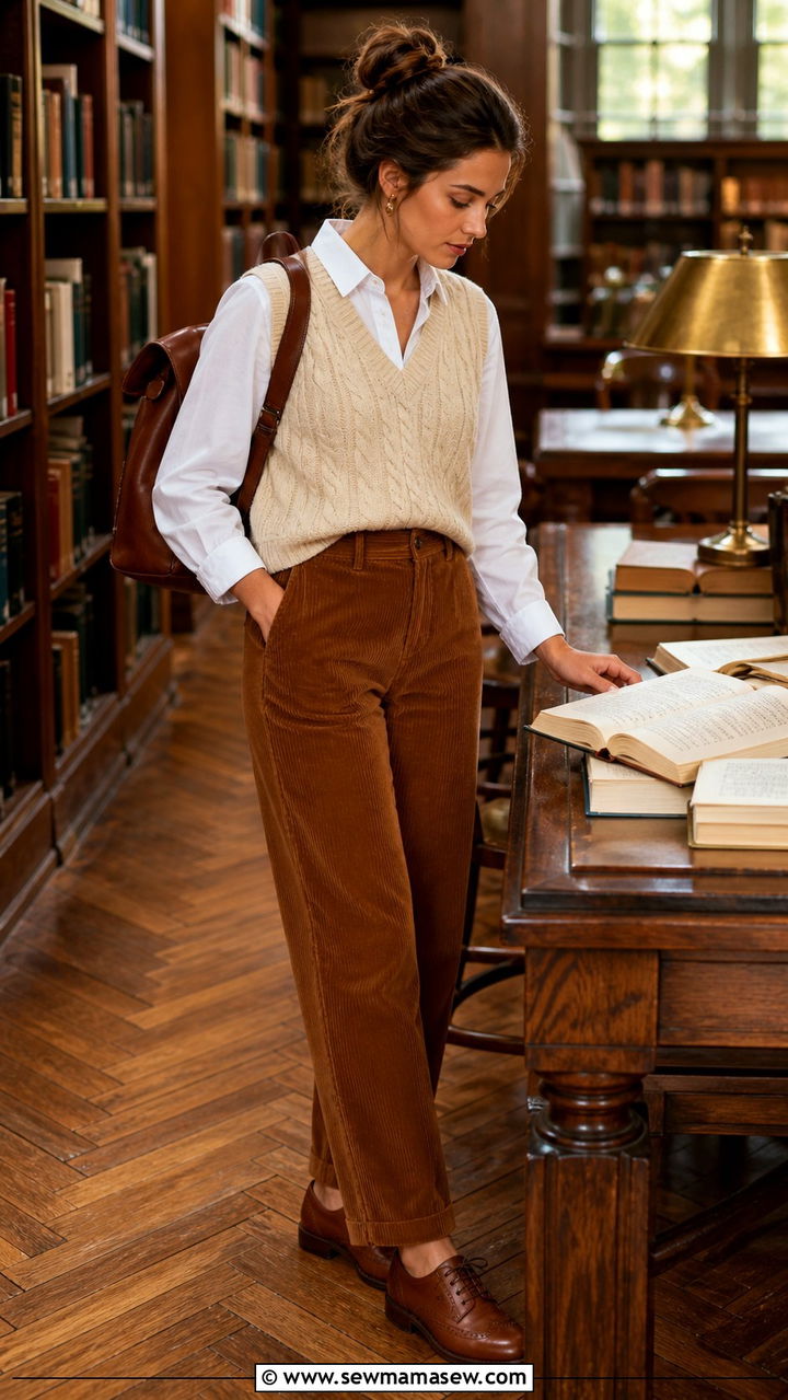 White Button Up With Corduroy Pants And Cable Knit Vest - 40 light academia outfits for women