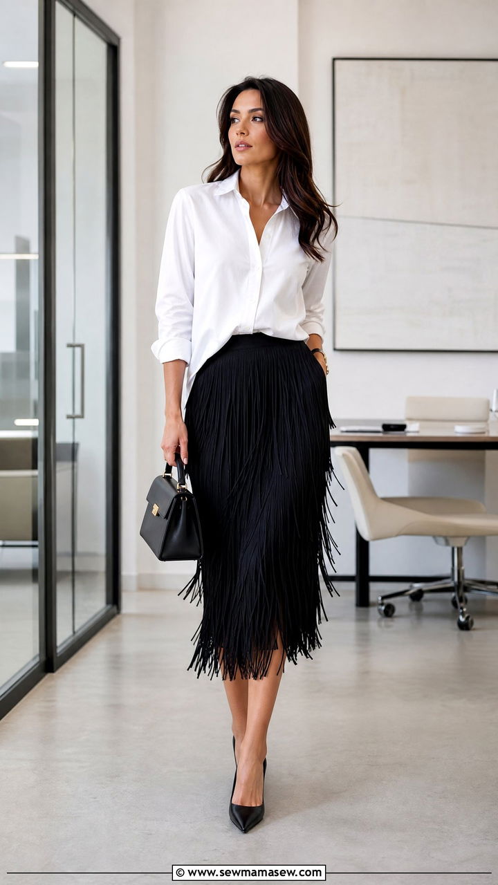 White Button Up With Fringe Skirt and Pointed Pumps - 30 fringe skirt outfit ideas