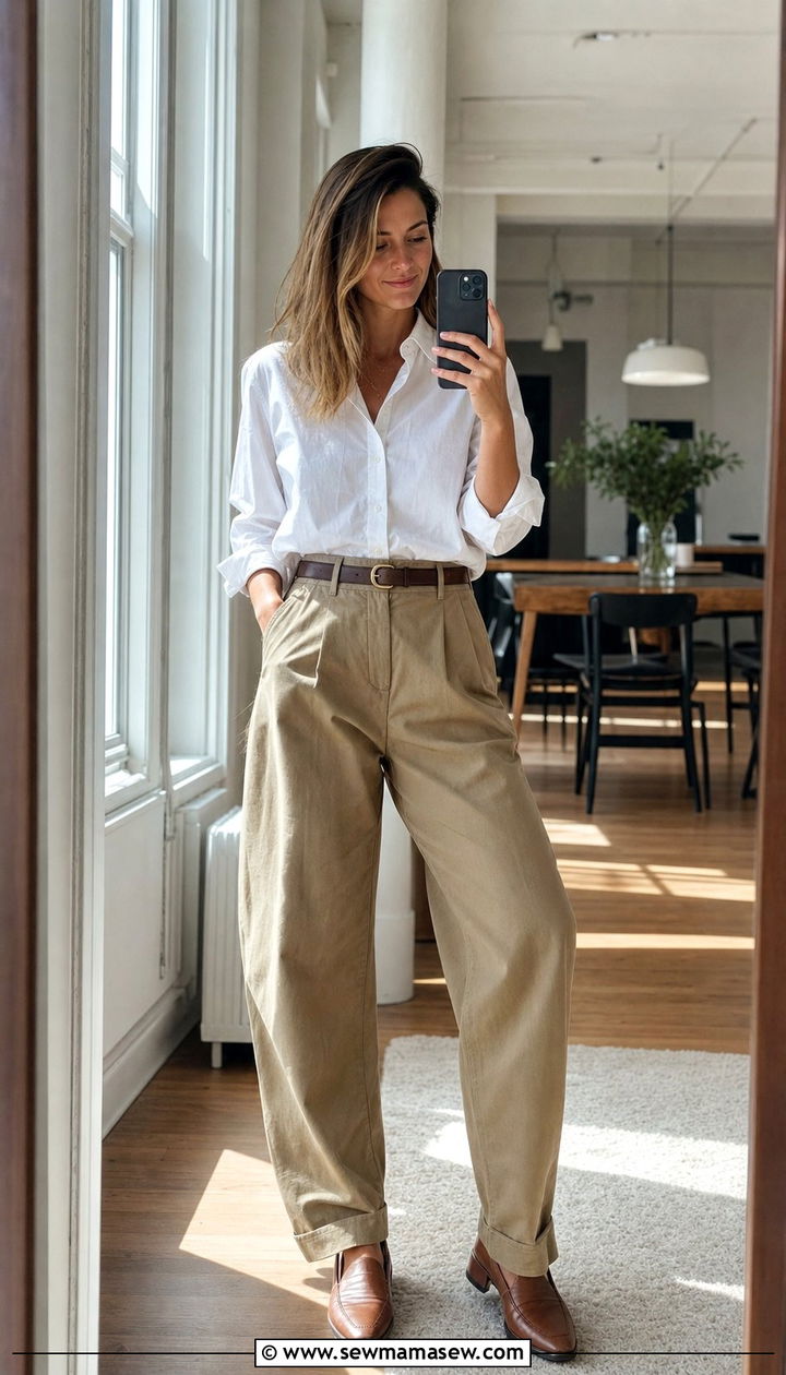 White Button Up With Khaki Balloon Trousers Outfit - 35 balloon pants outfits ideas