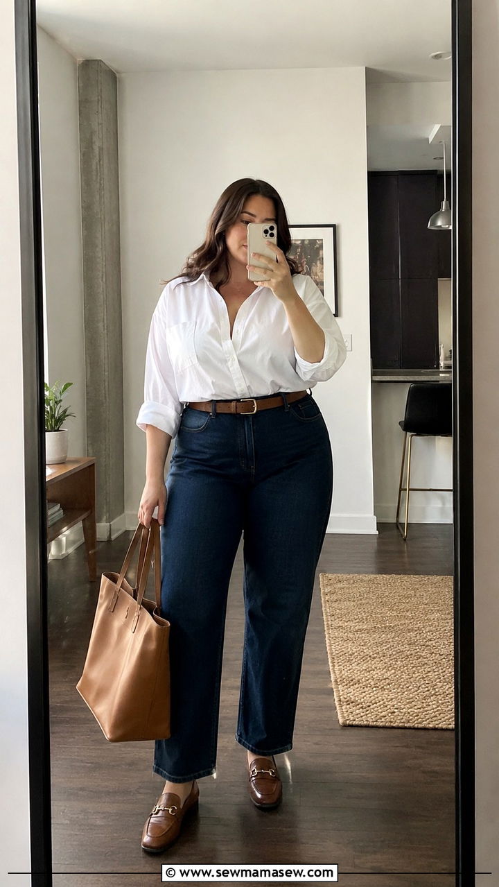 White Button Up With Straight Leg Jeans - 30 Plus size outfit ideas 2026
