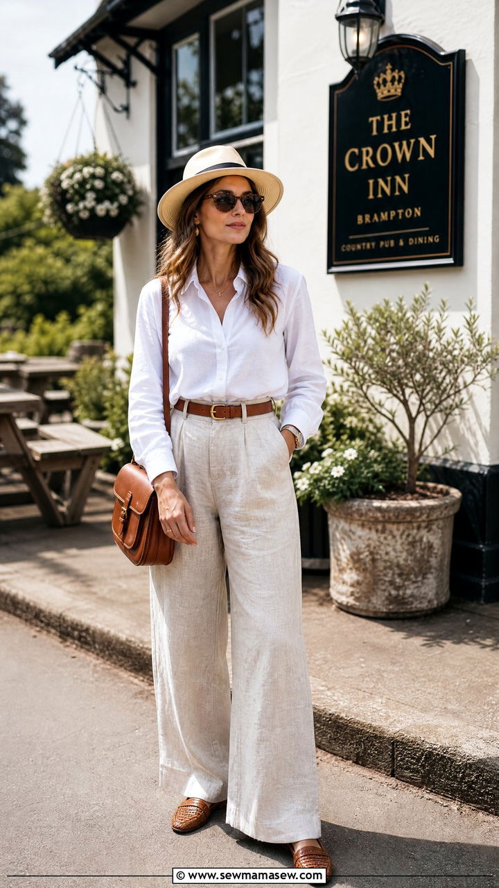 White Button Up and Linen Trousers Countryside - 30 Summer countryside outfits