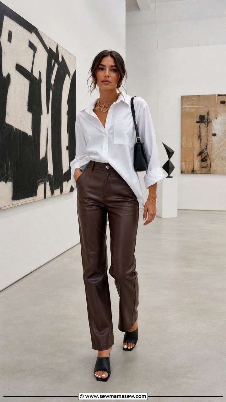 White Button Up and Vegan Leather Pants with Mules - 25 classy edgy outfit ideas