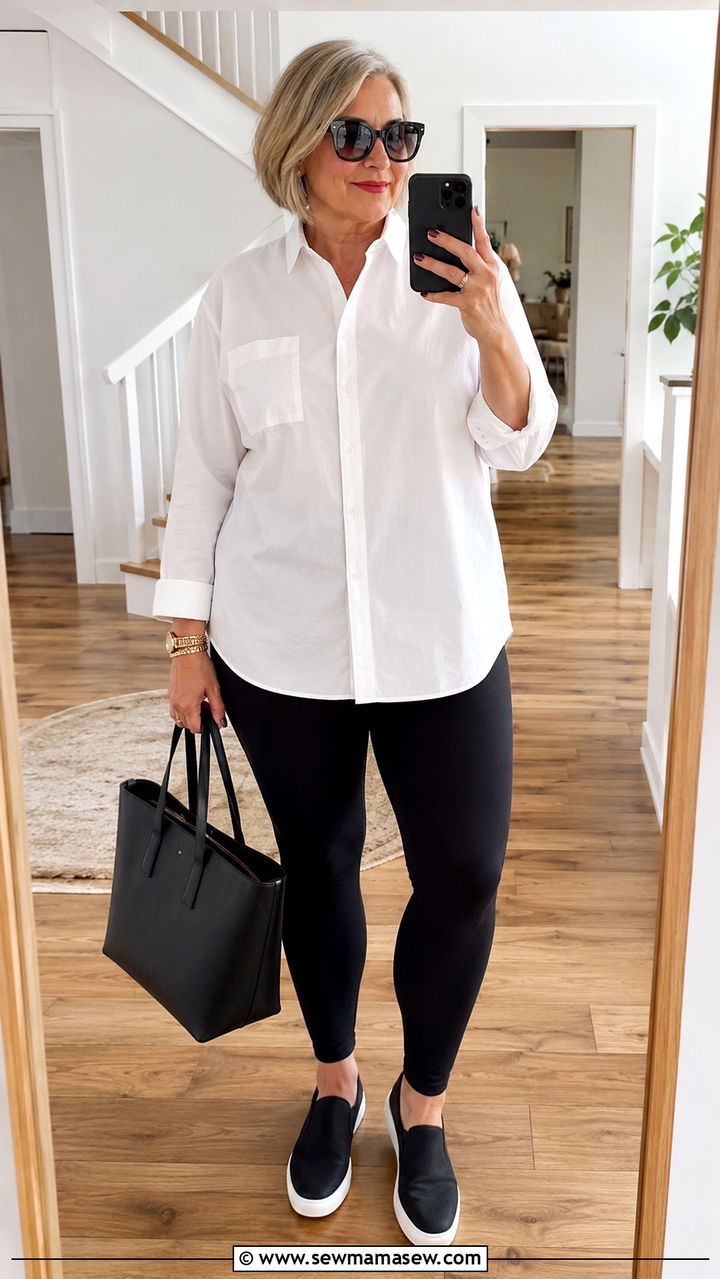 White Button Up with Black Leggings - 30 Plus size outfit ideas for women over 50
