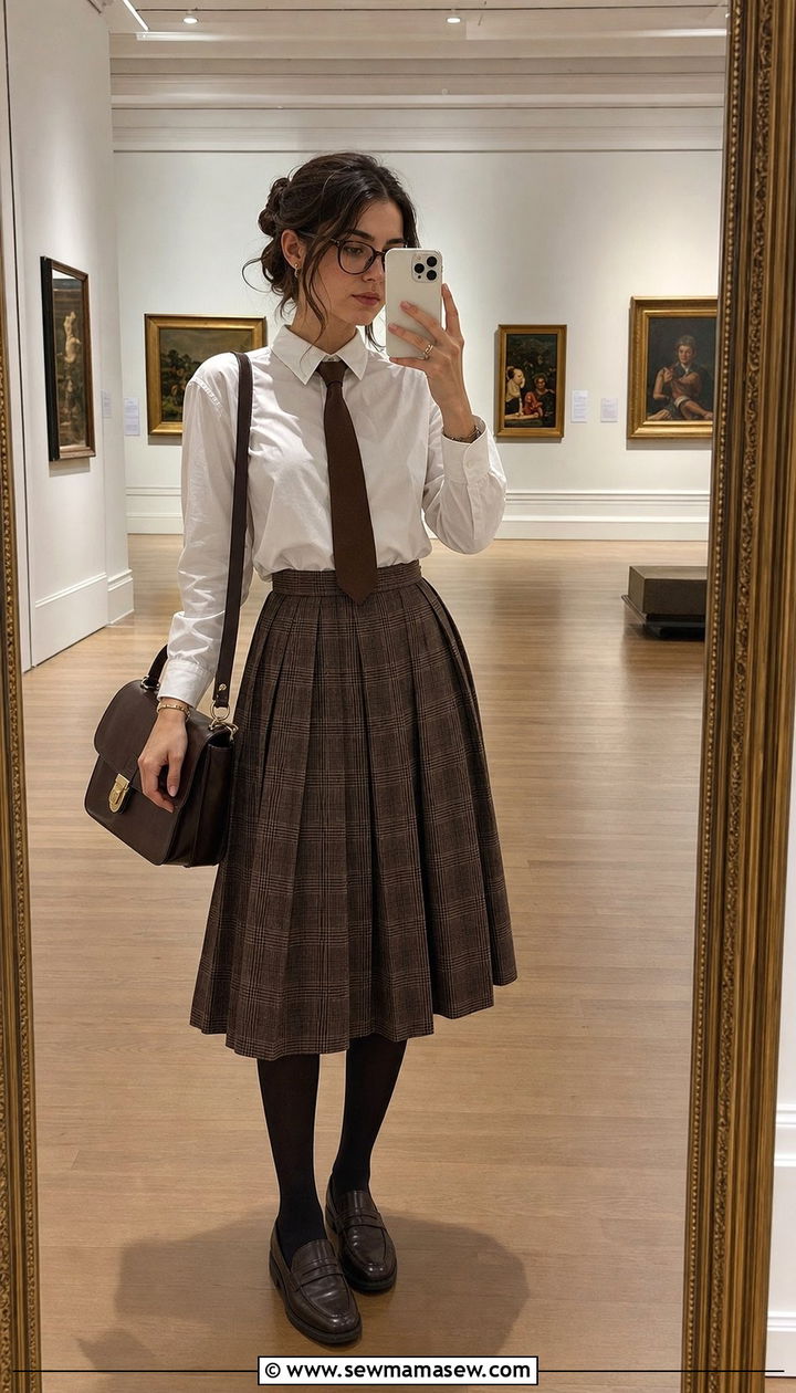 White Button Up with Brown Tie and Pleated Skirt - 25 cute dark academia outfits