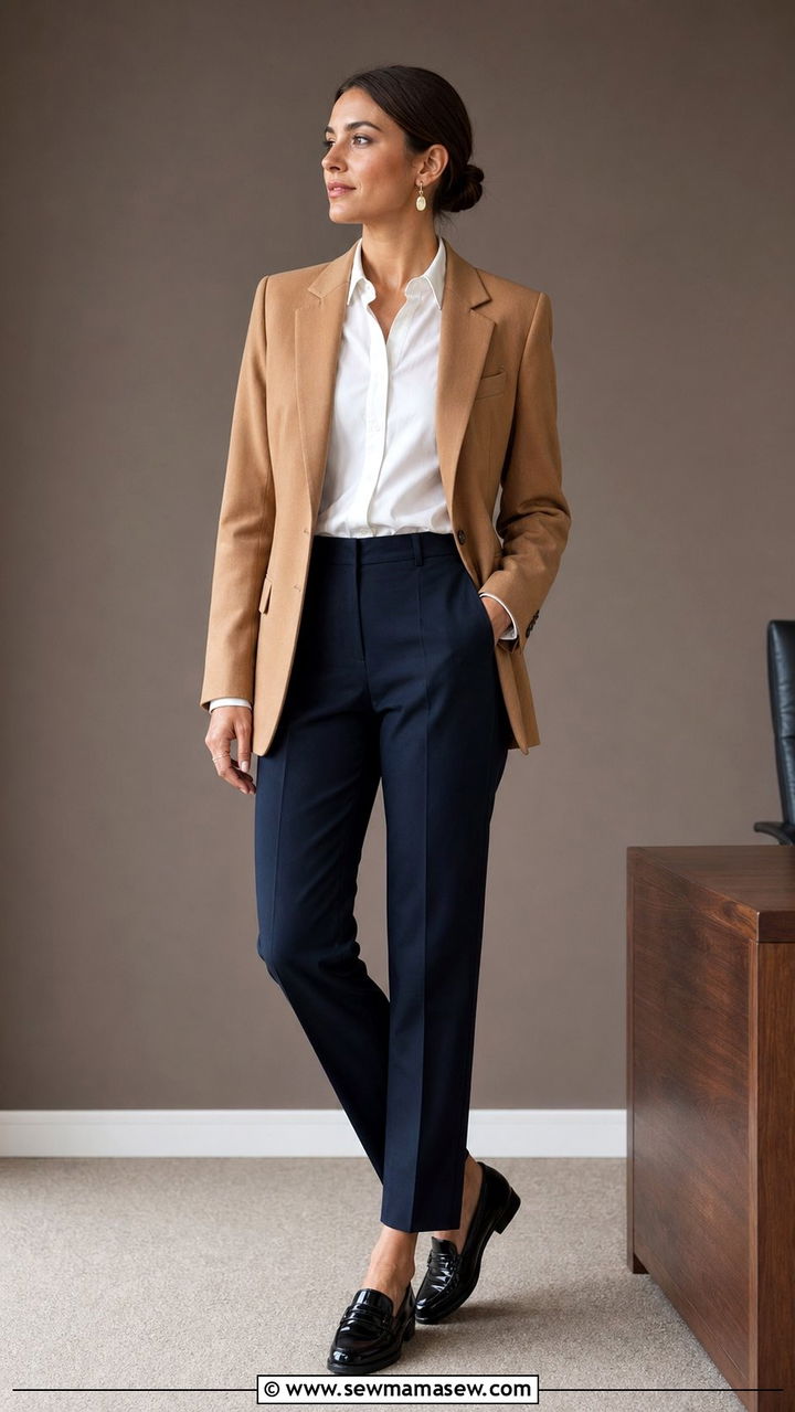 White ButtonDown Shirt And Camel Blazer Outfit - 30 Zoom interview outfit ideas