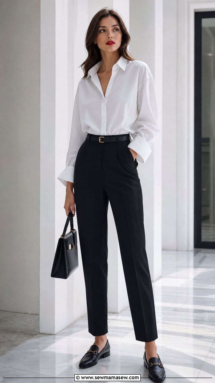 White ButtonDown Shirt and Trousers With Red Lip - 25 French girl outfit ideas with red lipstick