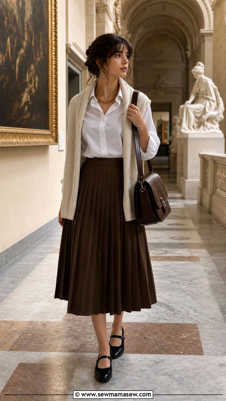 White ButtonUp Shirt With Brown Pleated Midi Skirt And Cream Knit Scarf - 25 dark academia capsule wardrobe outfits