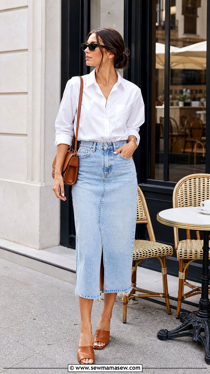 White ButtonUp With LightWash Denim Skirt And Mules - 25 European summer outfits aesthetic
