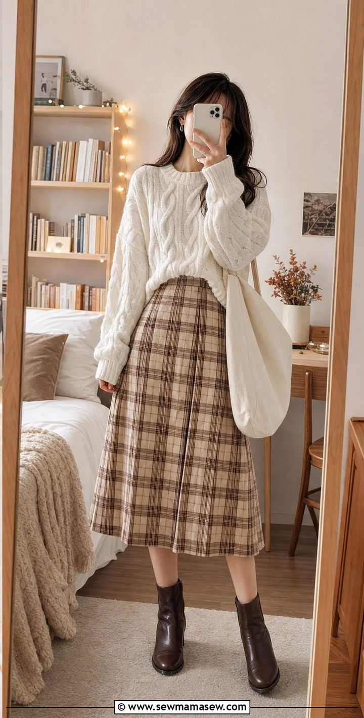 White Cable Knit Sweater with Plaid Pleated Skirt - 25 cute light academia outfits