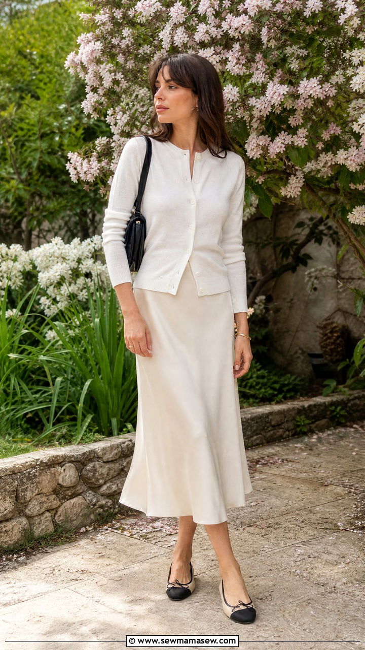 White Cardigan With Cream Midi Skirt and Cap Toe Flats - 35 French girl spring outfit ideas