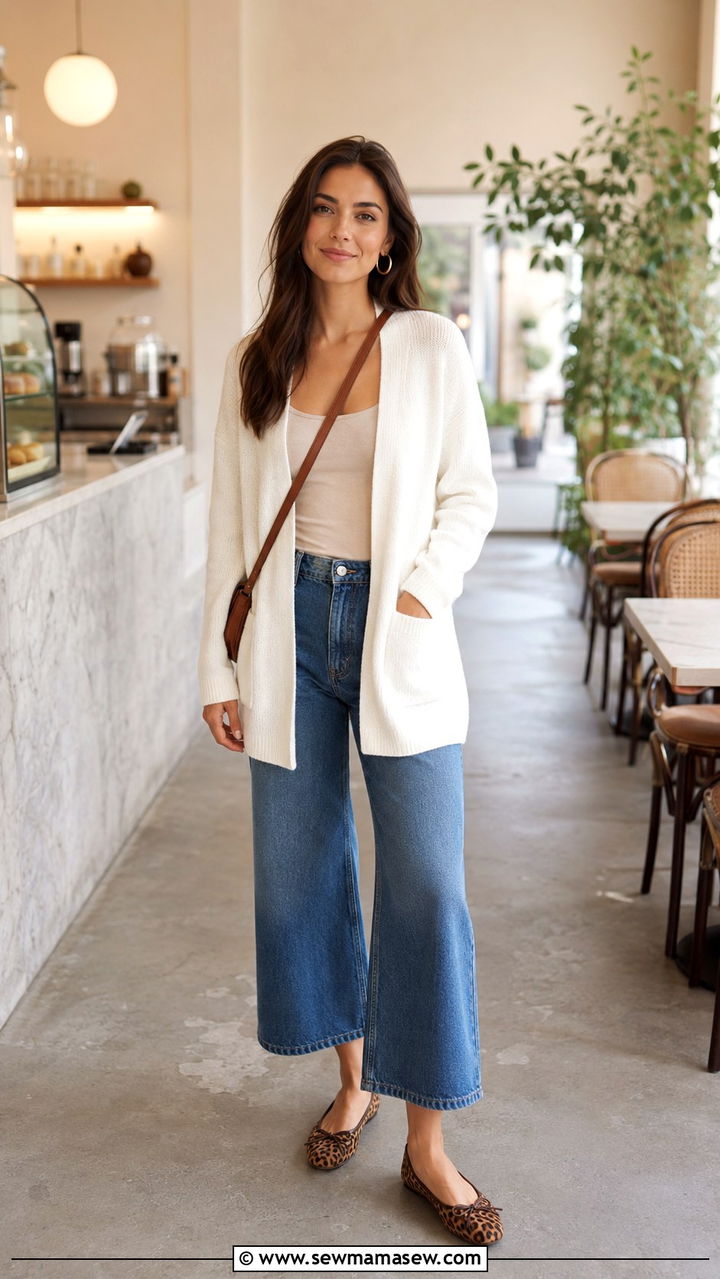 White Cardigan With Wide Leg Jeans and Leopard Print Shoes - 25 Wide leg jeans outfit ideas with a cardigan