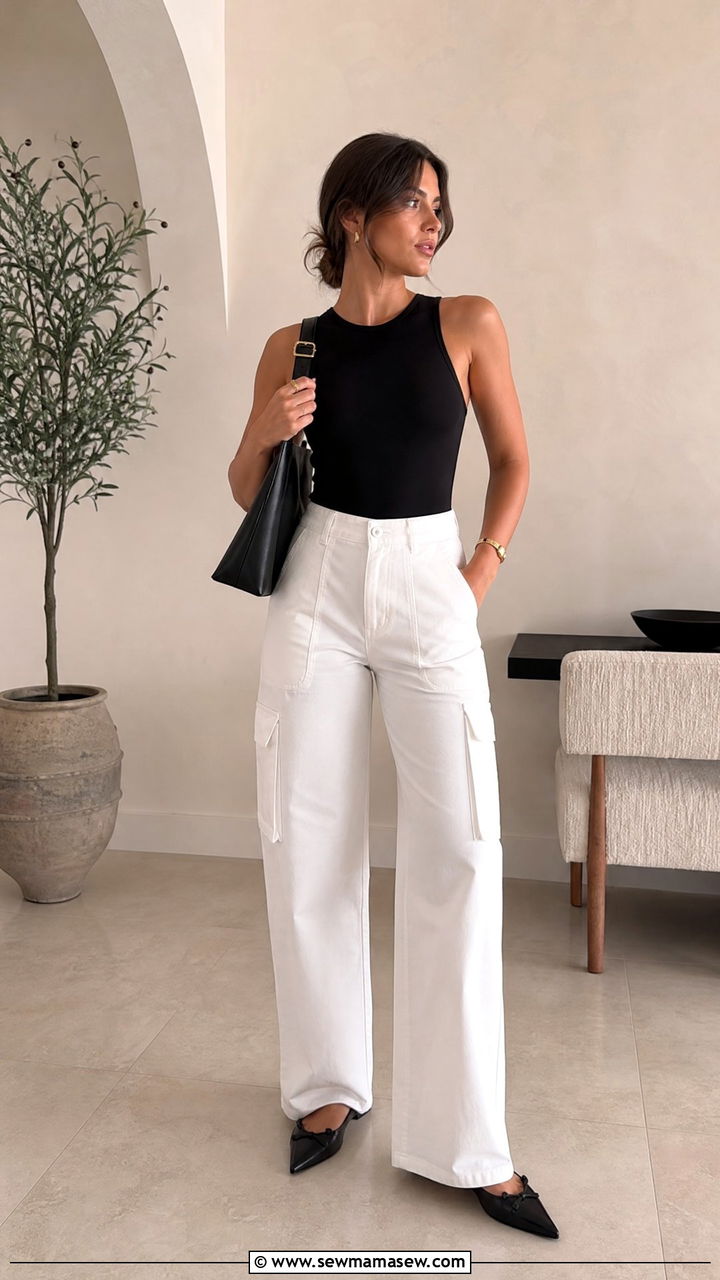 White Cargo Pants With A Black Bodysuit - 25 classy cargo pants outfits