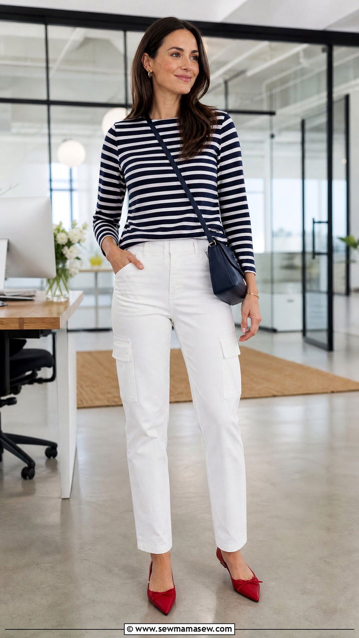 White Cargo Pants With A Navy Stripe Top And Red Flats - 25 Cargo pants outfit ideas for work