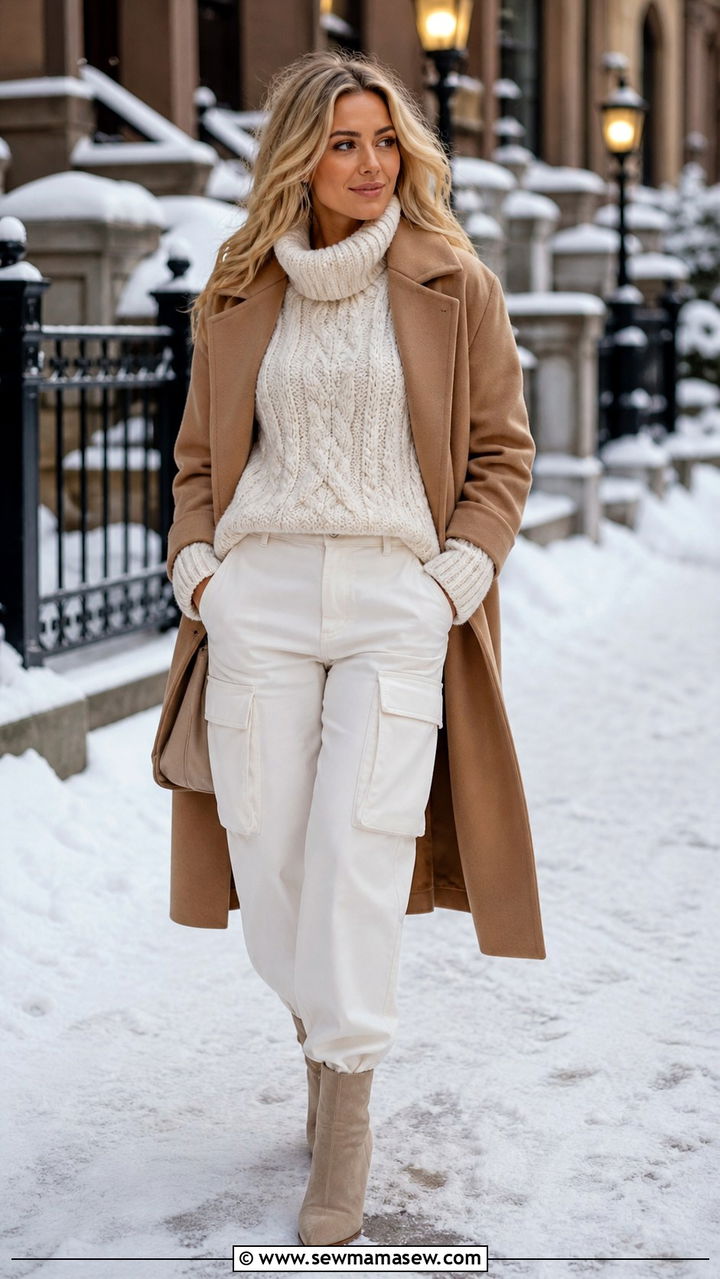 White Cargo Pants With Oversized Knit and Ankle Boots - 40 cargo pants outfits