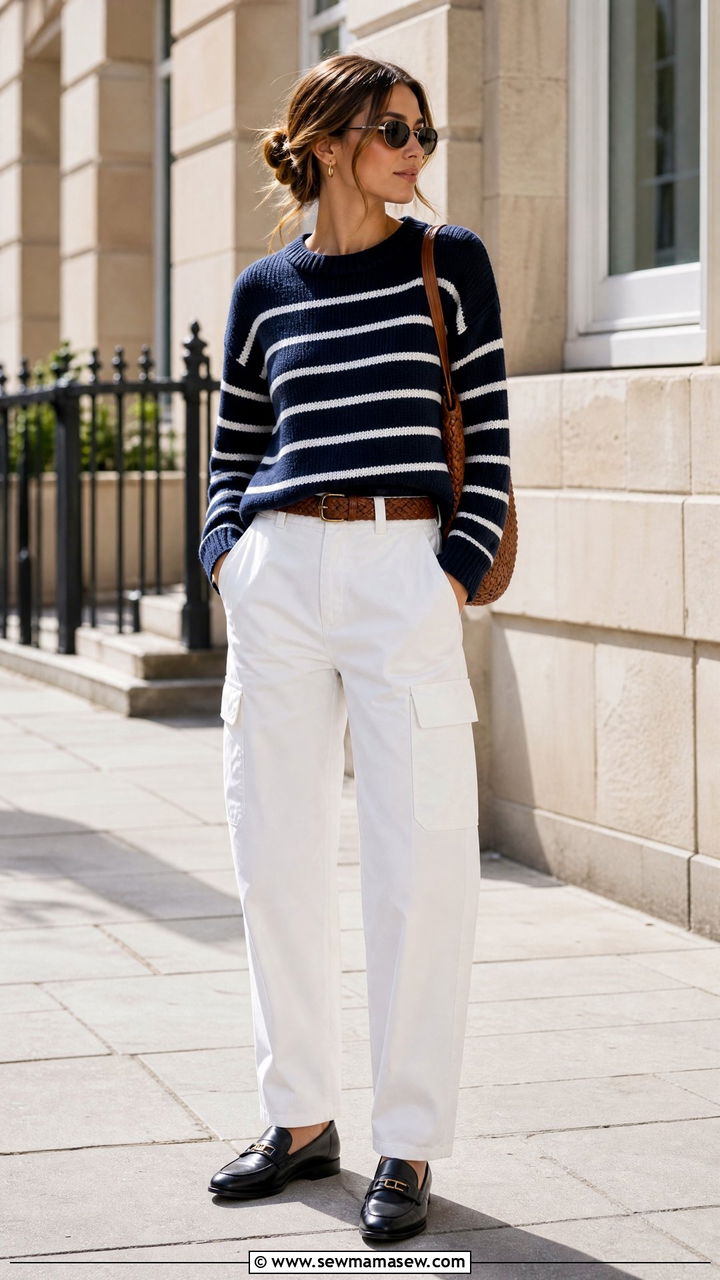 White Cargo Pants With Striped Knit and Loafers - 25 cargo pants outfits aesthetic