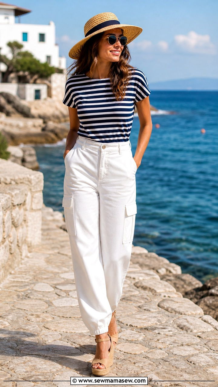 White Cargo Pants With Striped Tee and Espadrilles - 40 cargo pants outfits