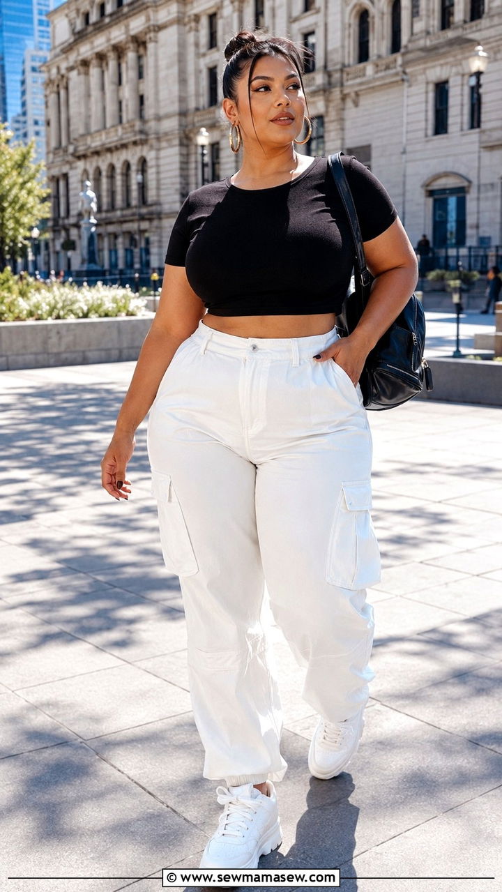 White Cargo Pants With a Cropped Black Tee and Chunky Sneakers - 30 Plus size outfit ideas with cargo pants