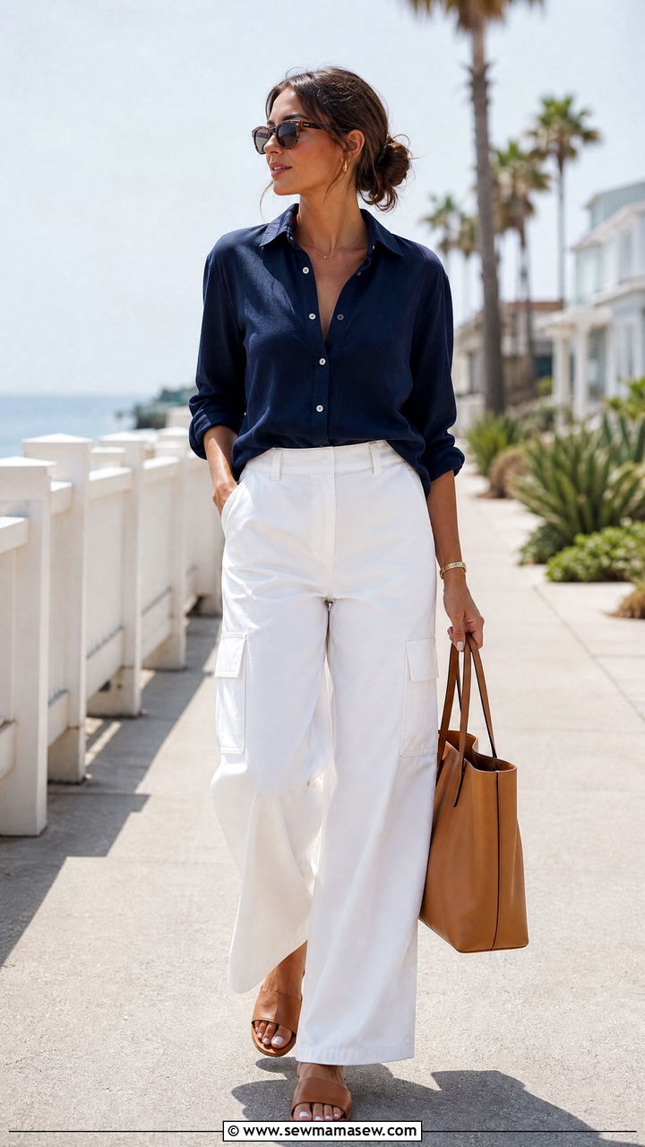 White Cargo Pants and Navy Button Down Shirt Outfit - 30 summer utility chic outfit ideas