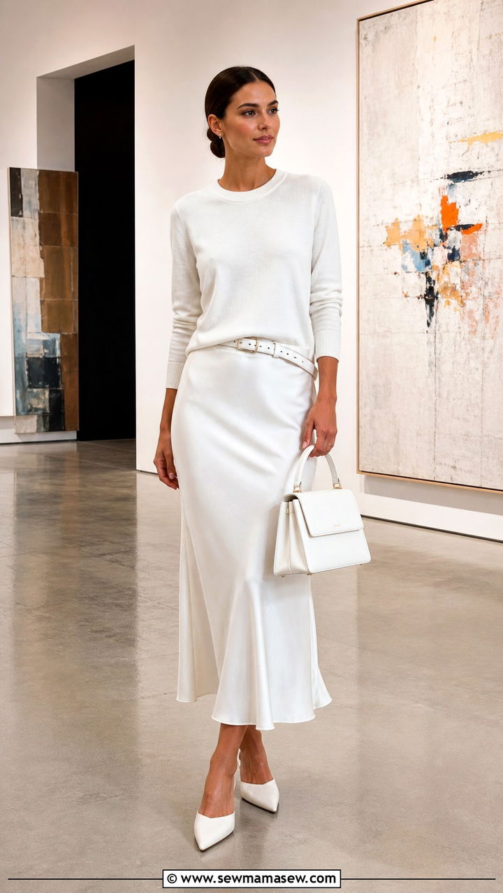 White Cashmere Crewneck And Silk Slip Skirt - 40 All white outfit ideas