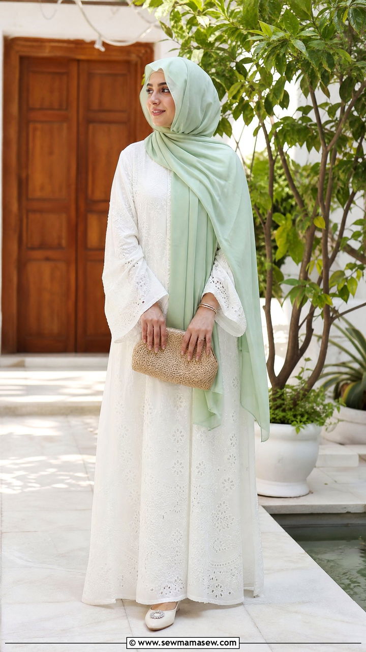 White Chikankari Abaya with Pastel Hijab - 30 Eid outfit ideas with hijab
