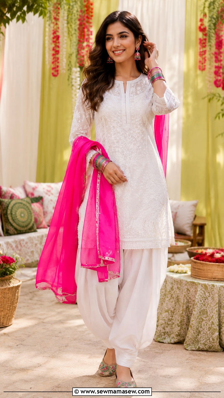 White Chikankari Kurta With Dhoti Pants - 30 Mehndi outfit ideas