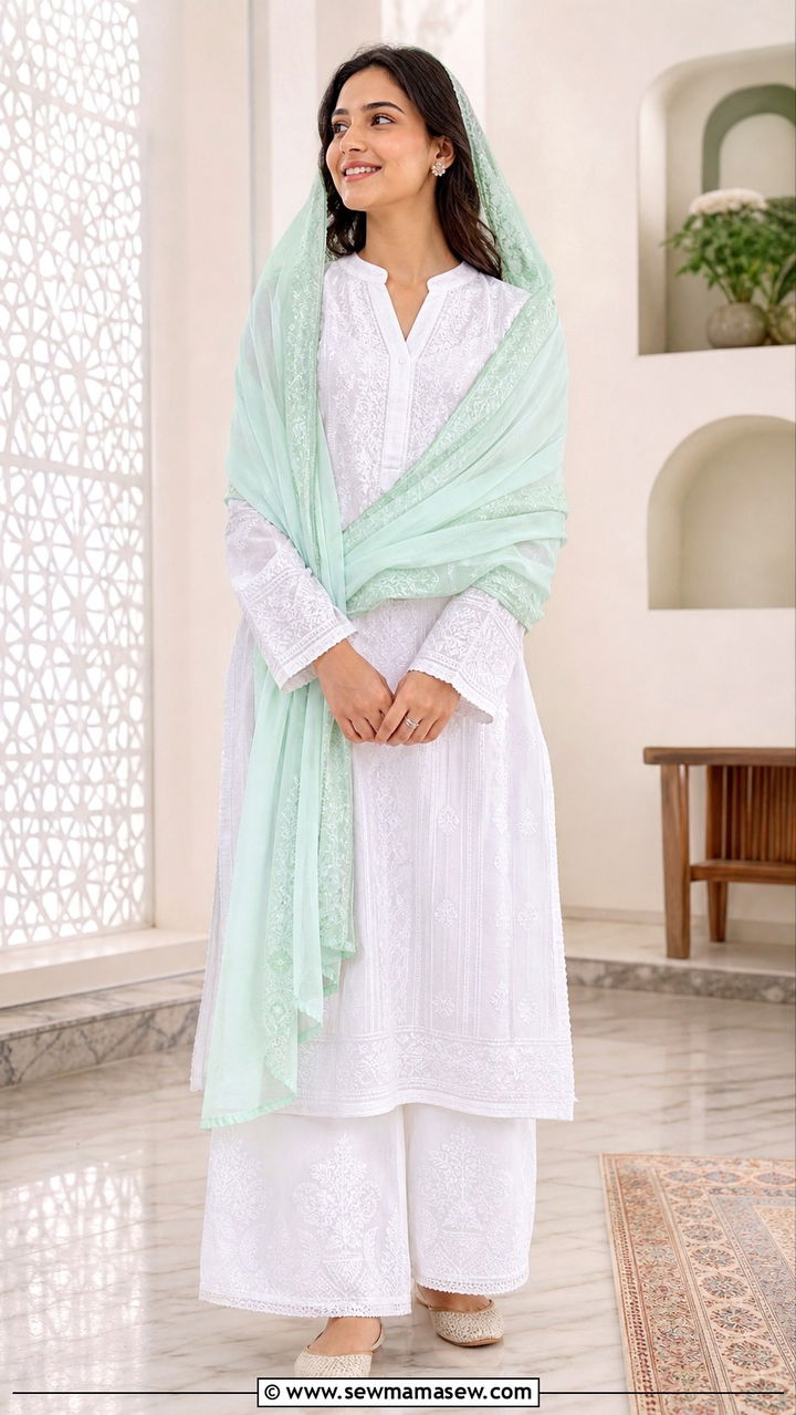 White Chikankari Kurta With Palazzo Pants - 20 April Eid outfit ideas