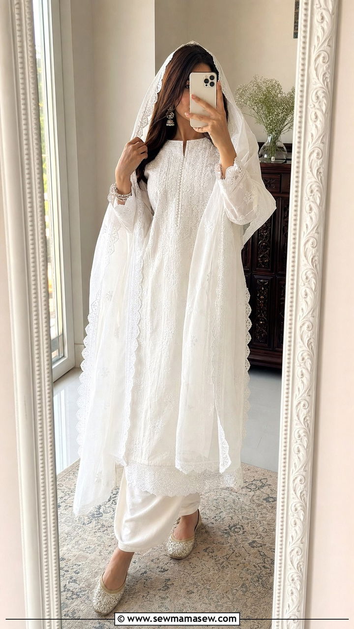 White Chikankari Suit for Eid Morning Prayers - 25 Eid outfit ideas Pakistani