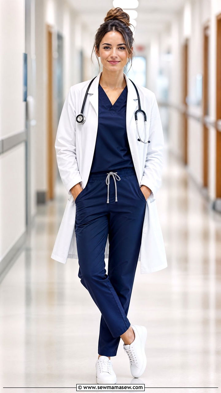 White Coat With Navy Scrubs Doctor Outfit - 25 Female doctor outfit ideas