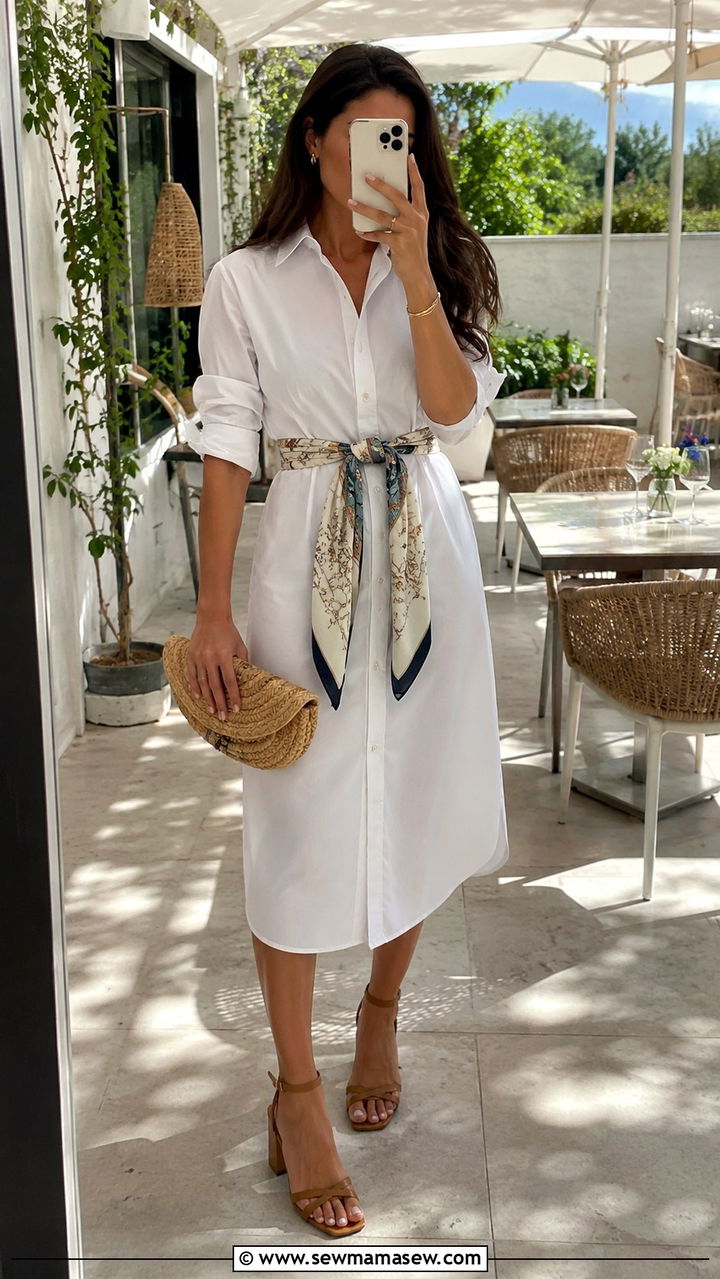 White Collared Dress With Silk Belt - 20 Old money outfit ideas with silk scarf Hermes style