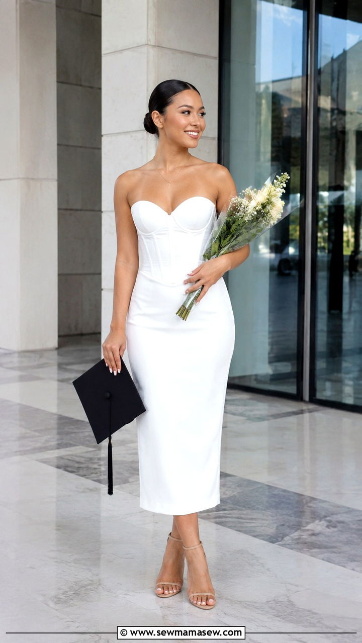 White Corset Midi Dress With Minimal Jewelry - 25 White graduation dress ideas