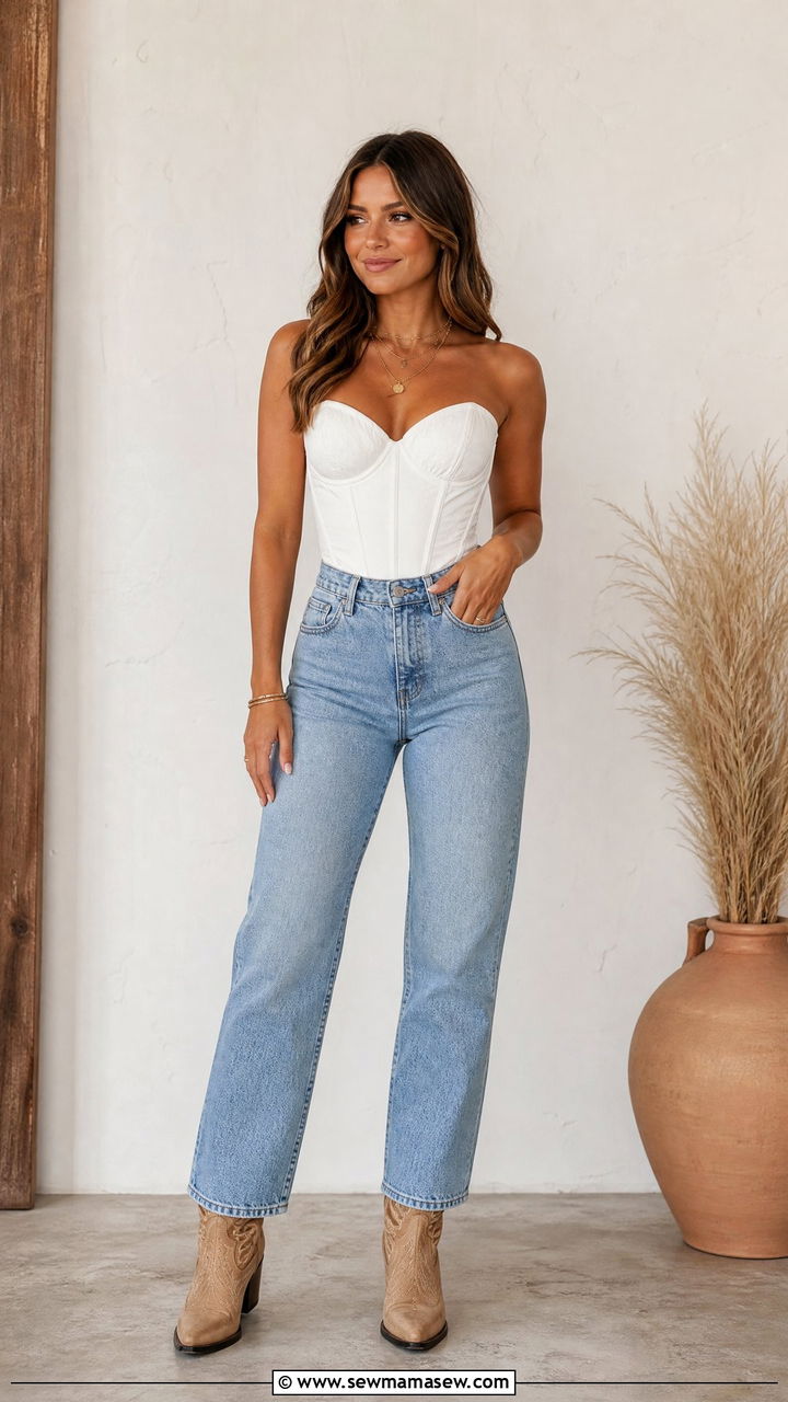 White Corset Top with Straight Leg Jeans and Cowboy Boots - 30 Country concert outfit ideas petite