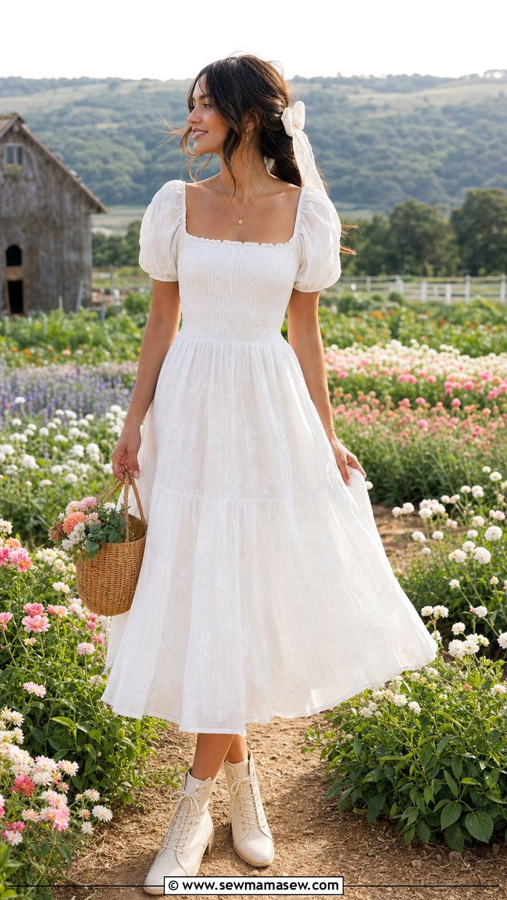 White Cottagecore Puff Sleeve Dress - 25 spring white dress outfit ideas