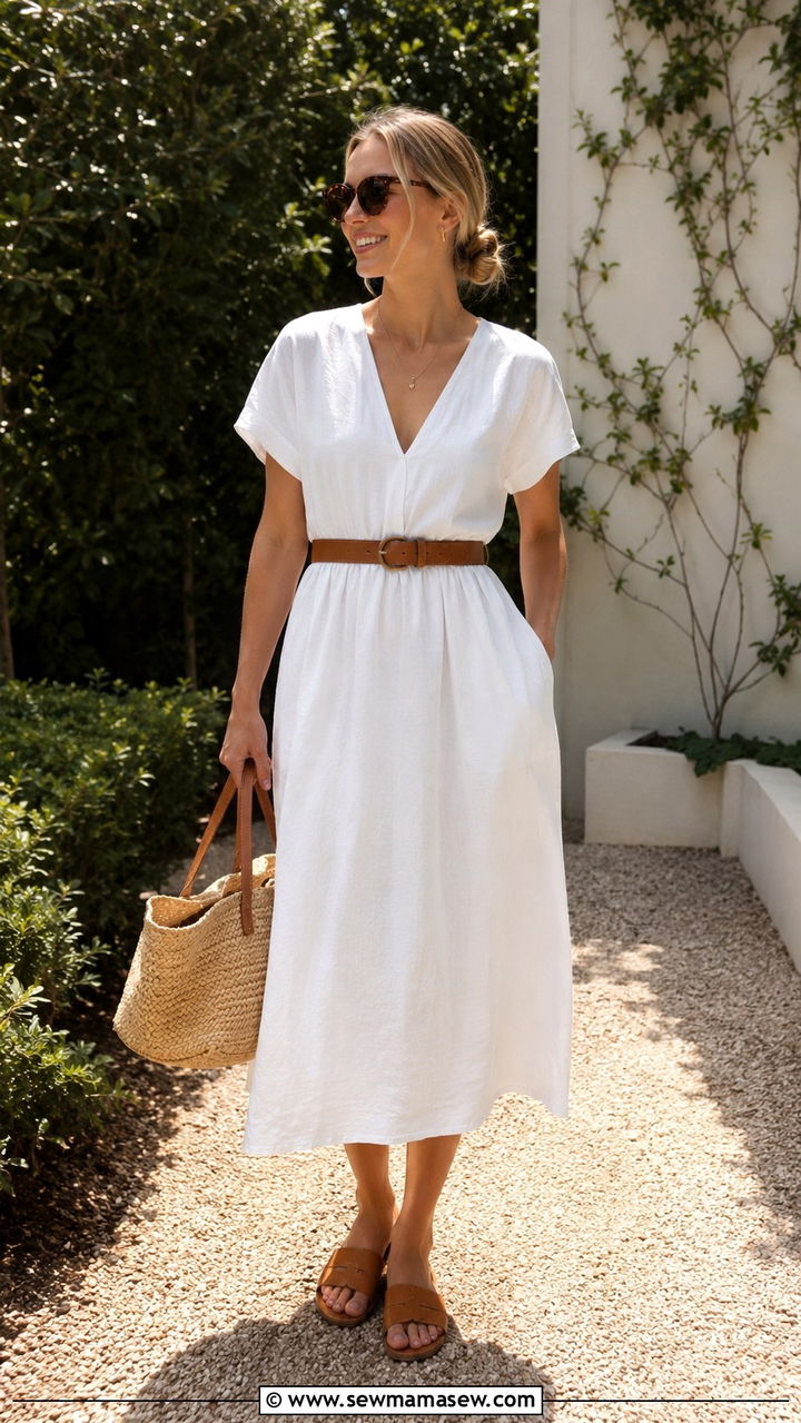 White Cotton Dress And Leather Sandals - 30 Scandi minimalist outfit ideas